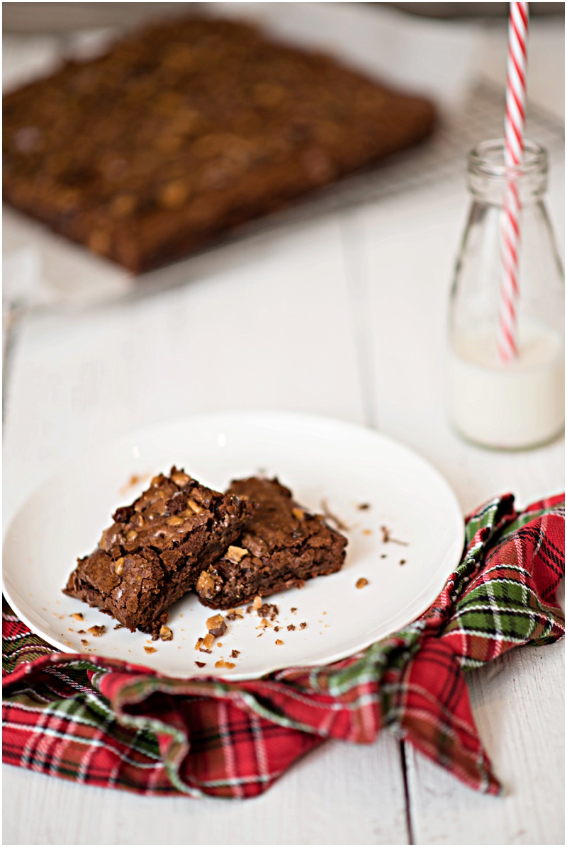 These Toffee Brownies will be your new go to chocolatey treat! Rich chocolate brownies topped with crunchy toffee candy pieces. 