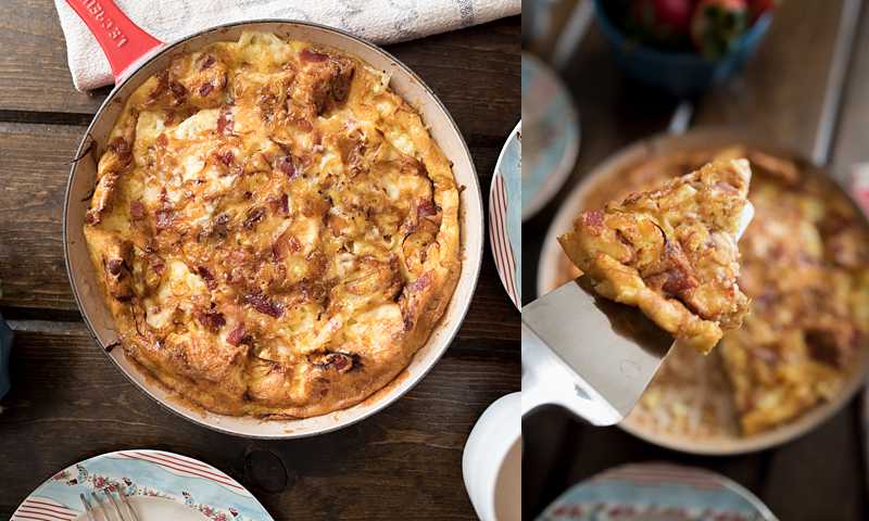 An easy to make frittata with crispy bacon, caramelized onions, and creamy brie cheese. Made it one pan-- brunch can't get any easier! 