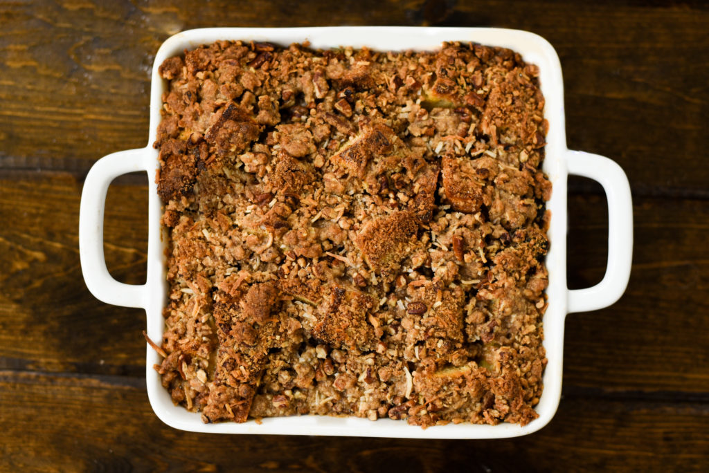 A crowd pleaser for sure! French toast casserole topped with a delicious cinnamon streusel to add a little crunch. Bonus: it can be prepared ahead of time. | Firstandfull.com