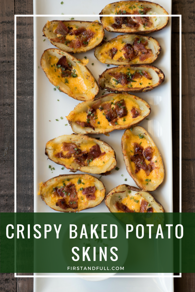 These crispy baked potato skins,topped with cheese and bacon, have all the makings of a sinful appetizer but are baked as opposed to fried. firstandfull.com