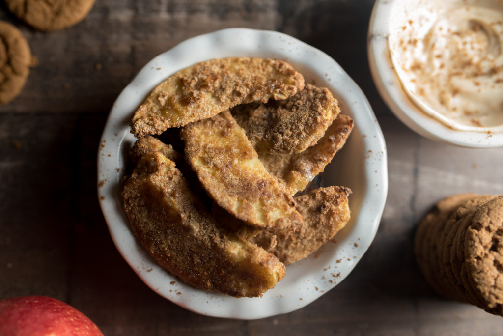 Cinnamon Apple Fries: A single apple sliced, coated with pulverized graham cracker crumbs and baked in the air fryer. They are delicious on their own, but SINFUL when dipped in creamy Greek yogurt sweetened with a drizzle of honey or maple syrup. 