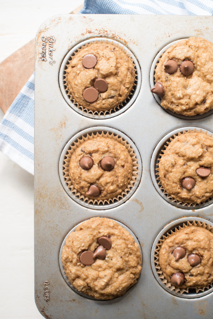 Banana Chocolate chip blender muffins mixed up in less than 5 minutes. Whole wheat flour, ripe bananas, chocolate chips and dairy-free milk. Muffins made in the blender. 