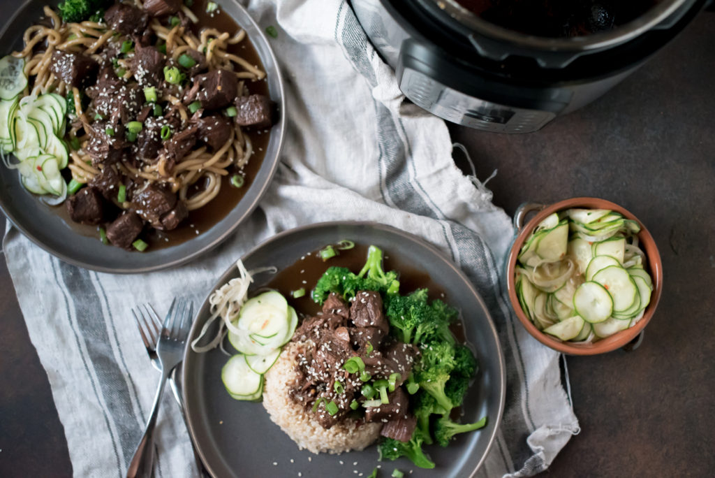 This amazing Chili Garlic Beef NEEDS to be added to your weeknight meal rotation. It's savory, a little spicy and perfect served on rice with steamed veggies. It's made in the instant pot but slow cooker instructions included.