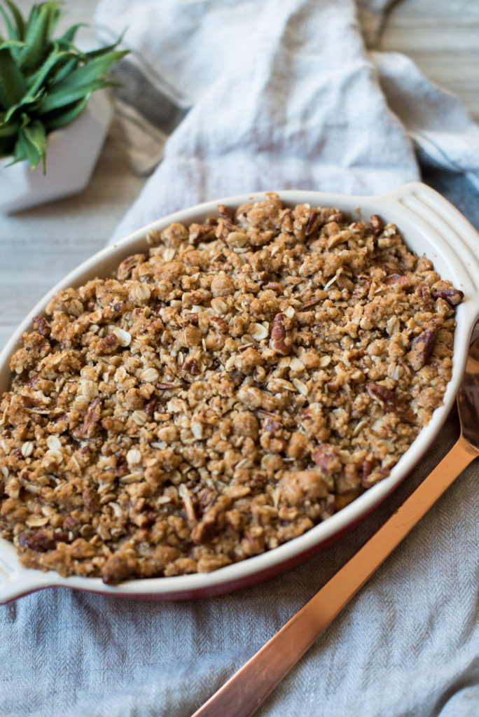 Sweet Potato Casserole with a sweet and crunchy pecan crumble. This is an adaptation of the famous Ruth Chris Sweet Potato Casserole! 