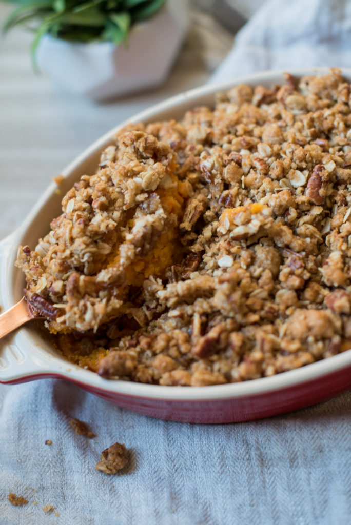 Sweet Potato Casserole with a sweet and crunchy pecan crumble. This is an adaptation of the famous Ruth Chris Sweet Potato Casserole! 