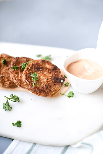 Healthier fried green tomatoes: Tart green tomatoes breaded in a gluten/ grain- free mixture served with an addictive chipotle dipping sauce. 